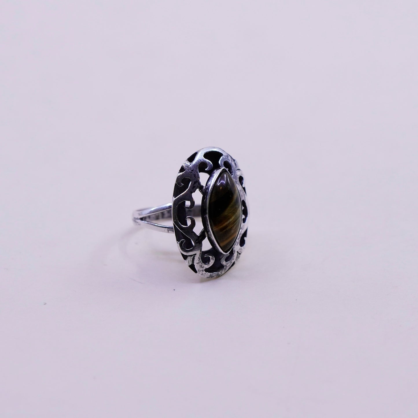 Size 6.5, sterling silver ring, handmade 925 swirly band with golden tiger eye