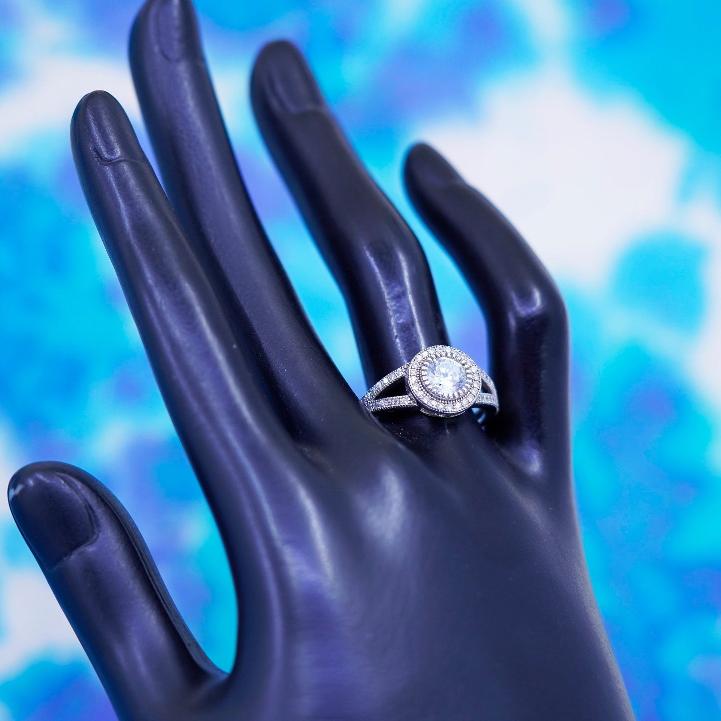 Size 8, vintage Sterling 925 silver engagement ring with cluster Cz around