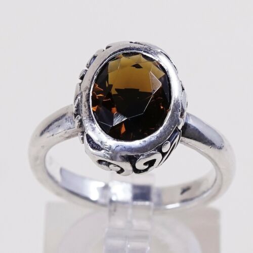 Sz 7.5, Vintage barse Handmade Sterling 925 Silver w/ Smoky Ceystal W/ Swirly