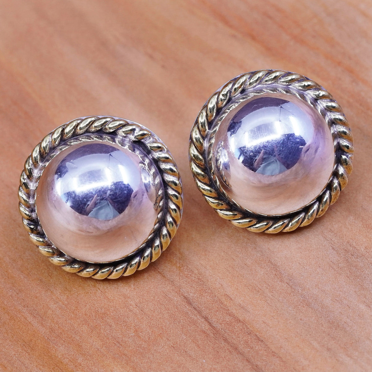 Two Tone Sterling silver handmade earrings, mexico 925 round studs with brass