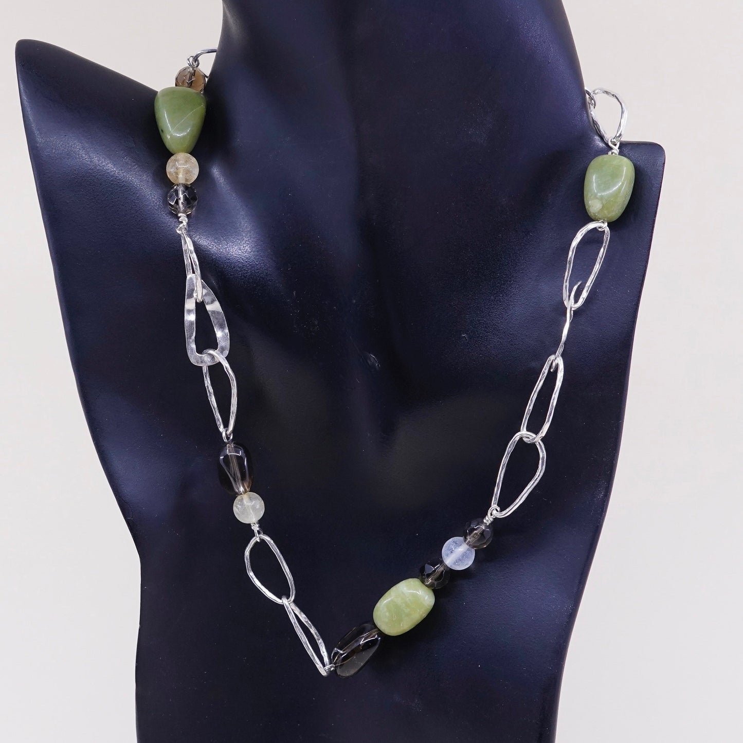 17”, vtg Sterling silver handmade necklace, 925 link chain w/ jade N topaz
