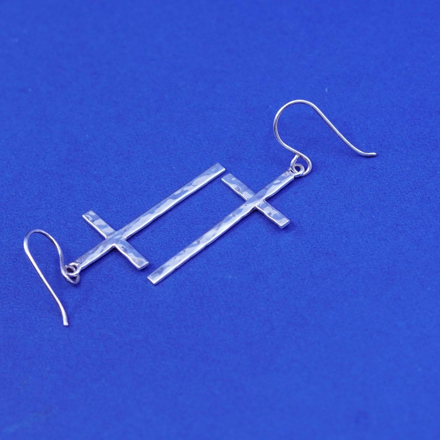 Vintage Sterling silver handmade earrings, hammered 925 cross drops
