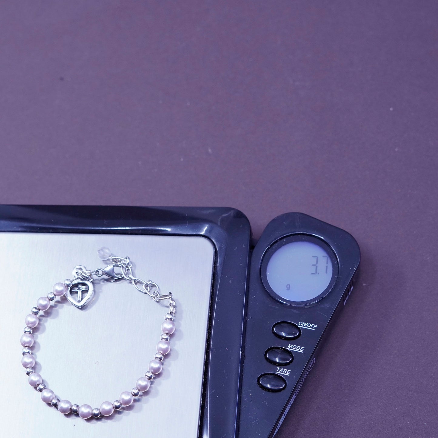 5.25”, Sterling 925 silver handmade bracelet, pearl beads chain heart cross