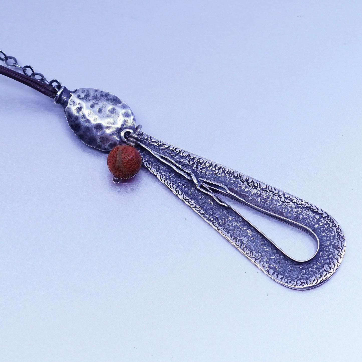 20”, Silpada Teardrop Sterling Silver 925 Pendant Coral Leather Necklace N1950