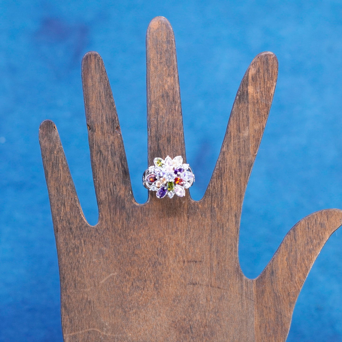 Size 6.5, vtg Sterling 925 silver snowflake flower ring w/ cluster Colorful Cz