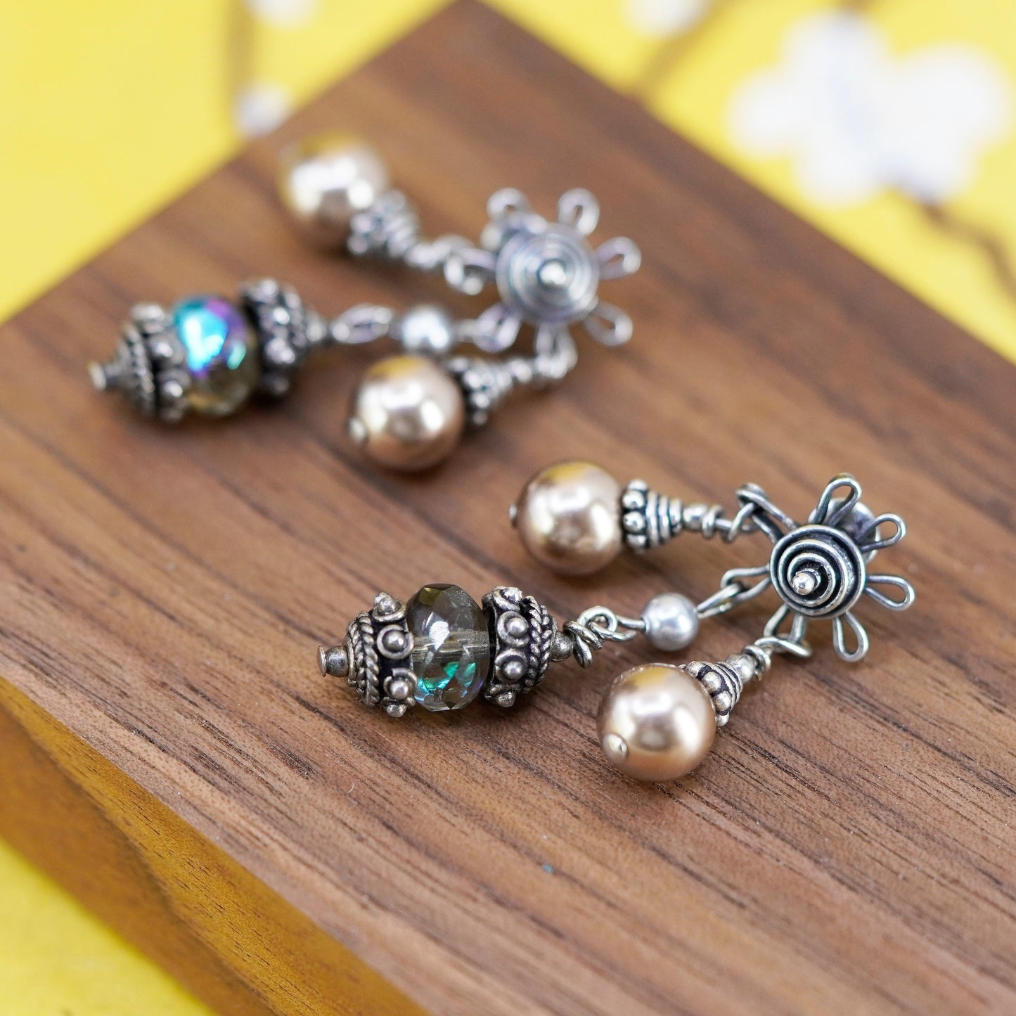 Sterling 925 silver handmade earrings with crystal and pearl details, dangle