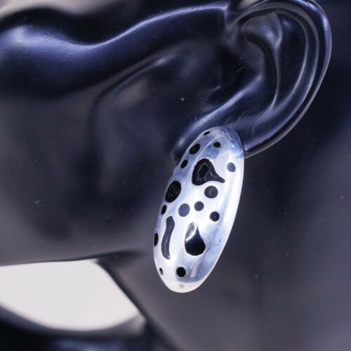 Vtg Mexico Sterling Silver 925 Handmade Clip on W/ Black Enamel Earrings