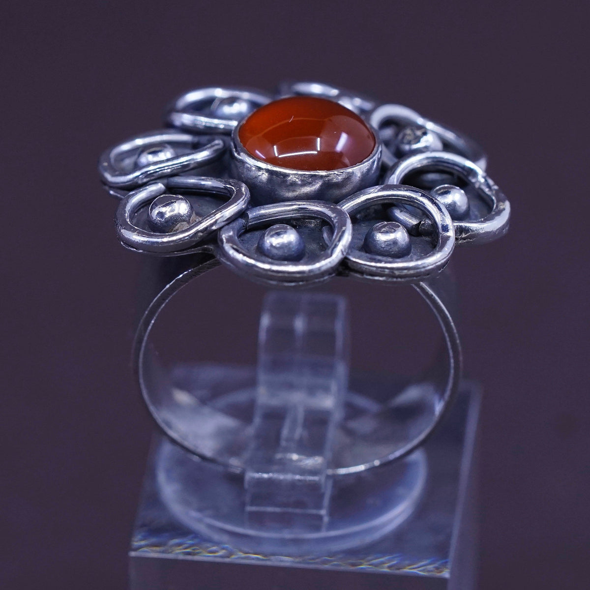 Size 6.5, vintage Sterling silver handmade flower ring with carnelian