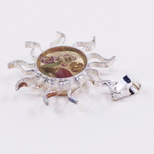 Vintage Sterling Silver Handmade Pendant, 925 Silver With Resin Flower Sun
