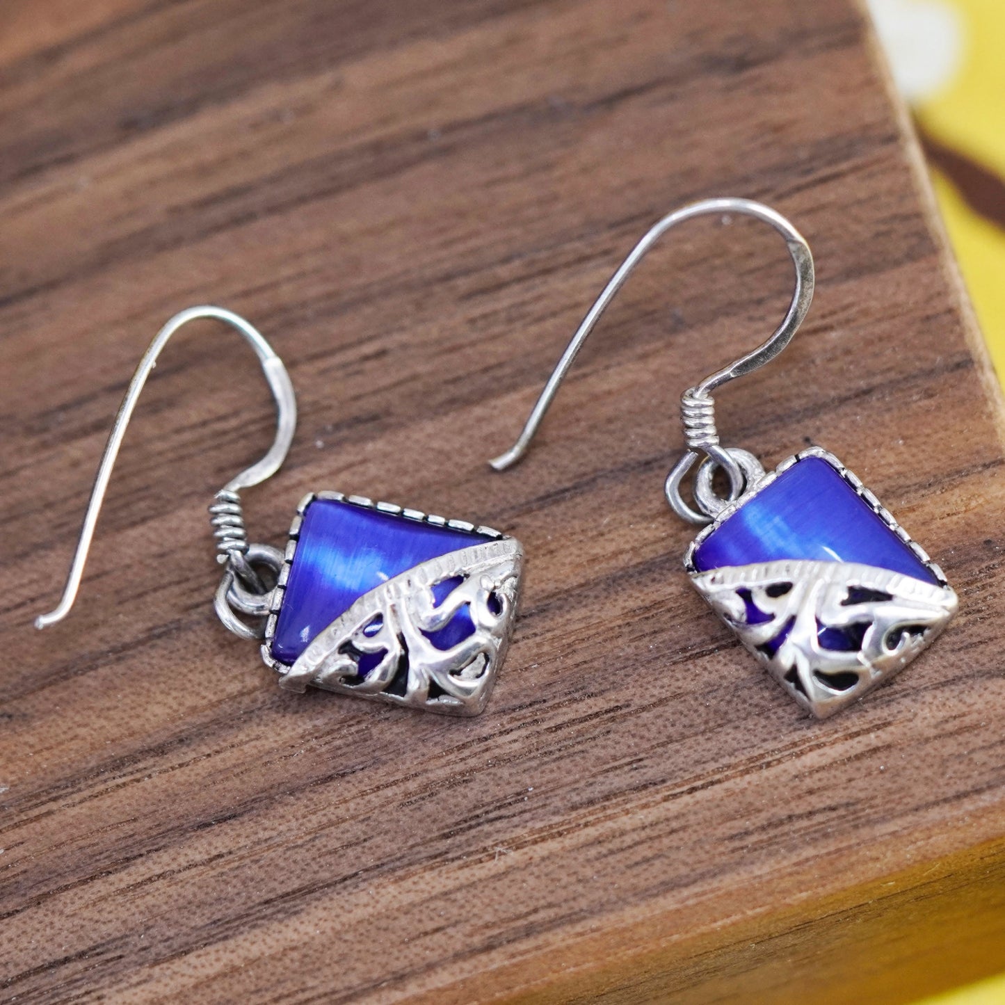 Vintage Sterling 925 silver handmade earrings with blue cat’s eye drops