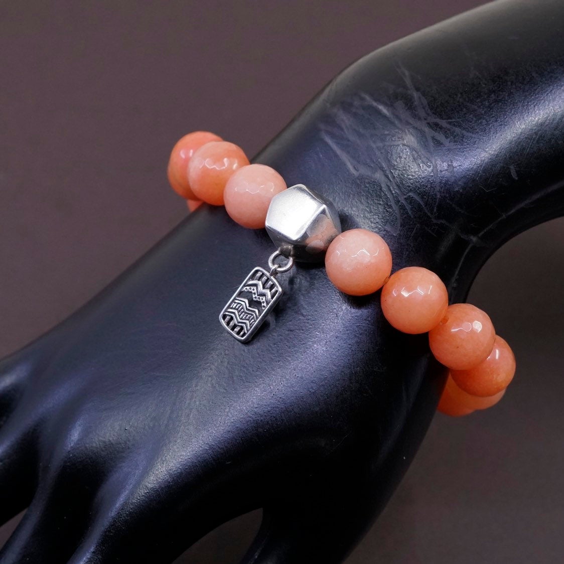 7”, handmade bracelet, elastic band w/ quartz beads sterling 925 silver charm,