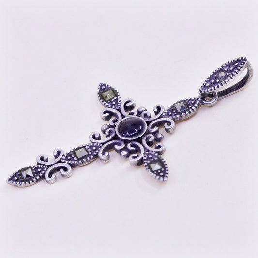 Vintage sterling 925 silver cross handmade pendant with obsidian and marcasite