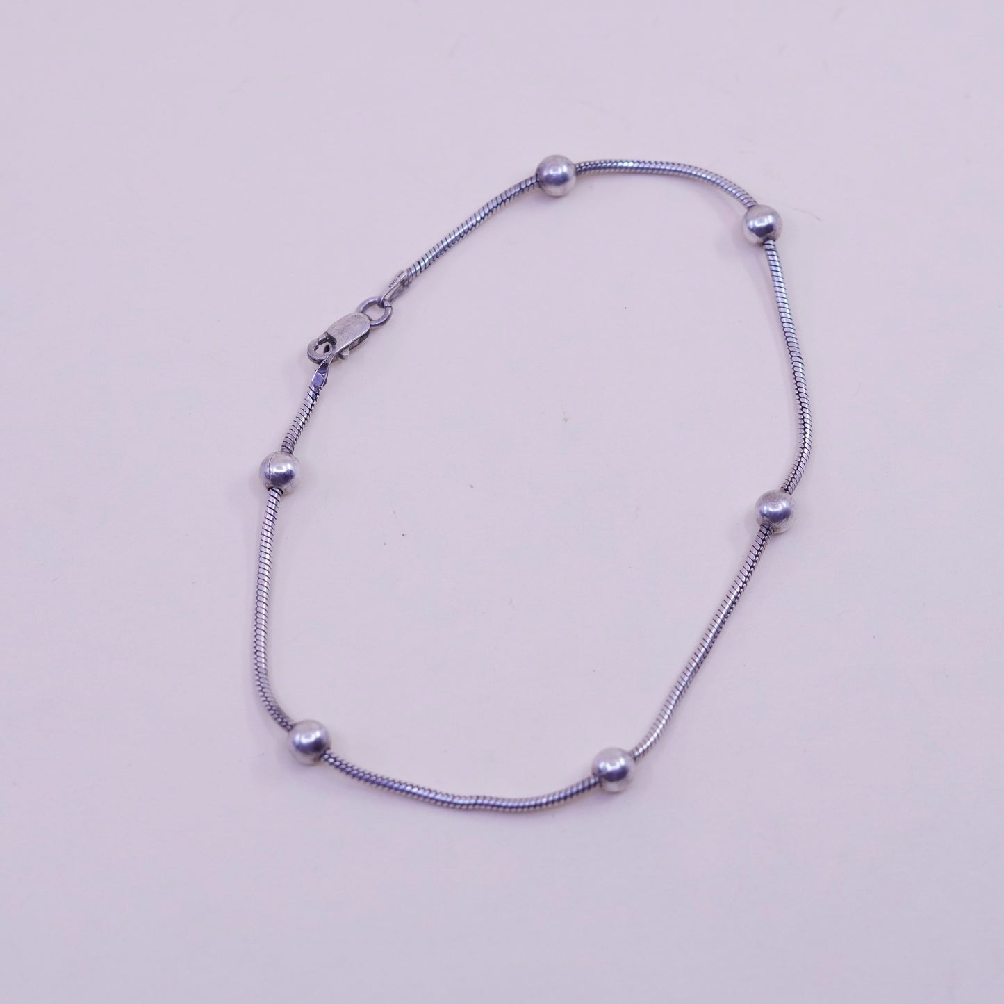 9”, 1mm, Vintage sterling silver bracelet, 925 snake chain anklet with beads