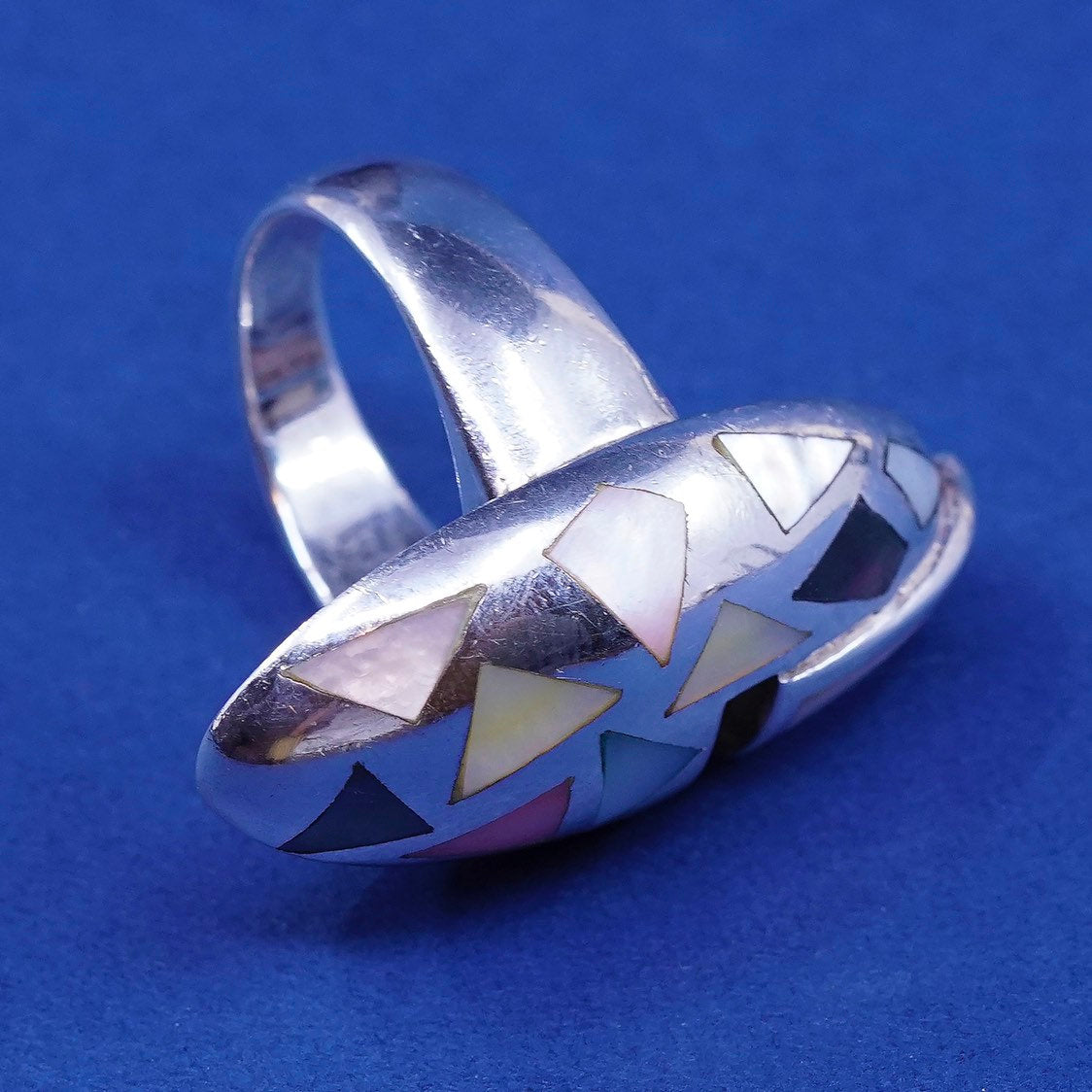 sz 8, vtg Sterling silver handmade swirl ring, 925 Statement ring w/ mother of pearl