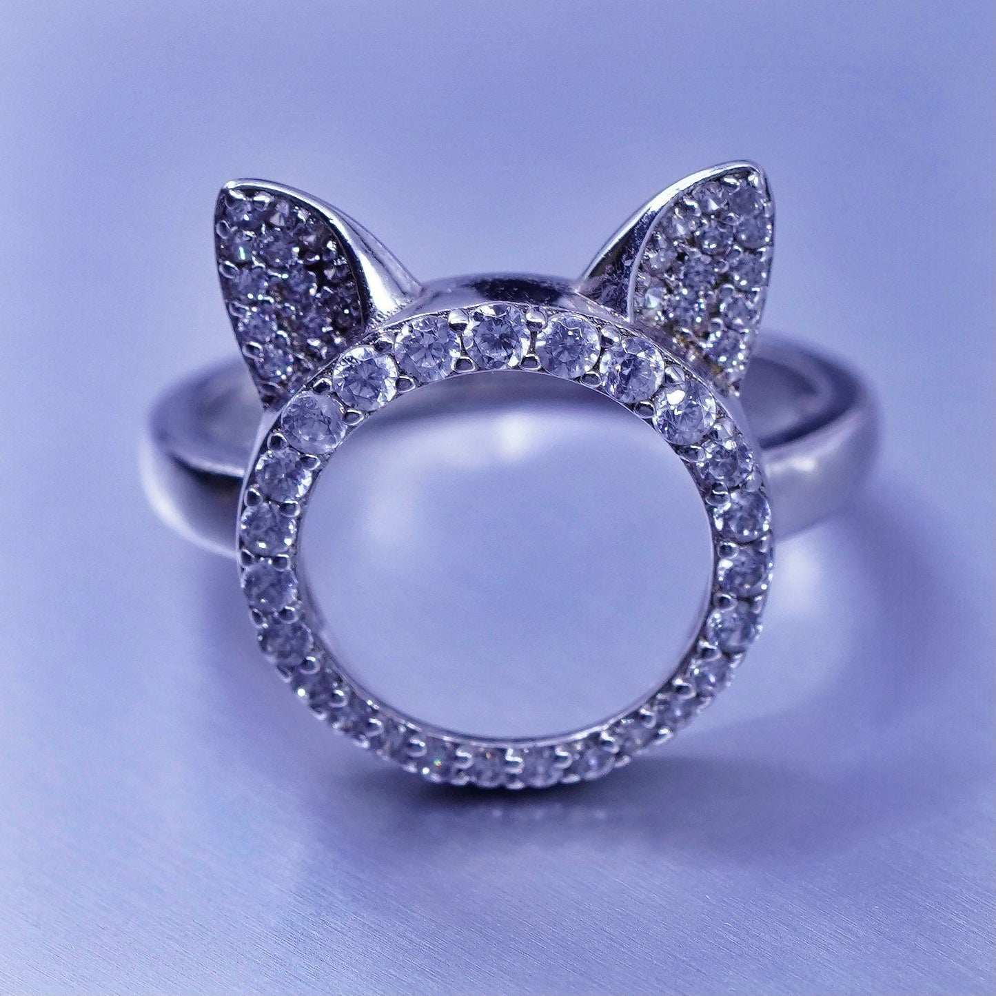 Size 6.25, vintage BJG Sterling 925 silver cat ring, cluster Cz