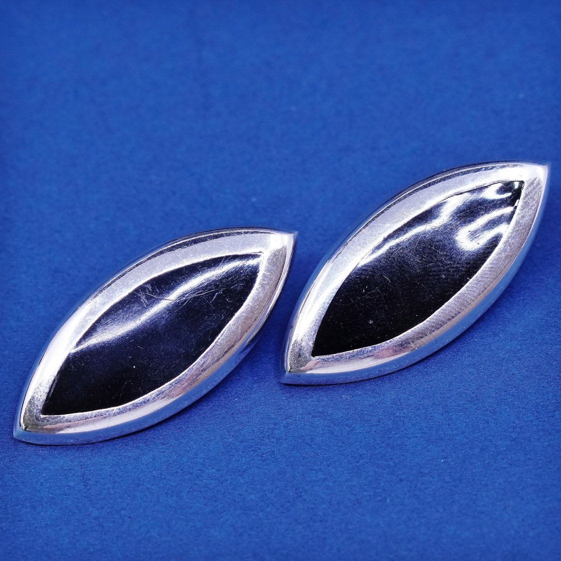vtg mexico handmade earrings, alpaca silver studs with Marquise obsidian inlay