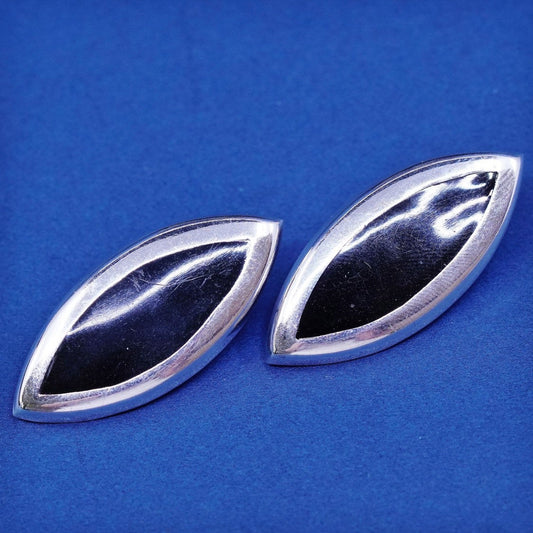 vtg mexico handmade earrings, alpaca silver studs with Marquise obsidian inlay