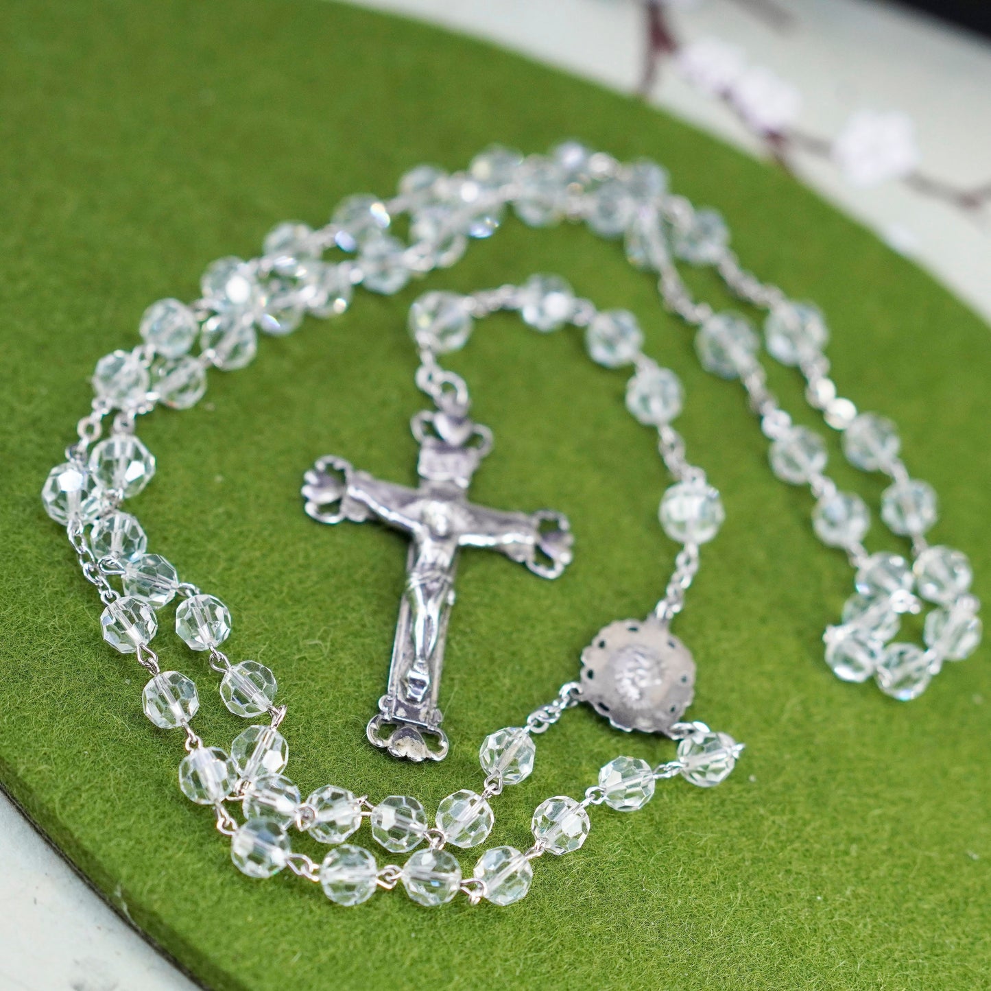 28”, Chapel sterling 925 silver rosary necklace w/ cross pendant crystal beads