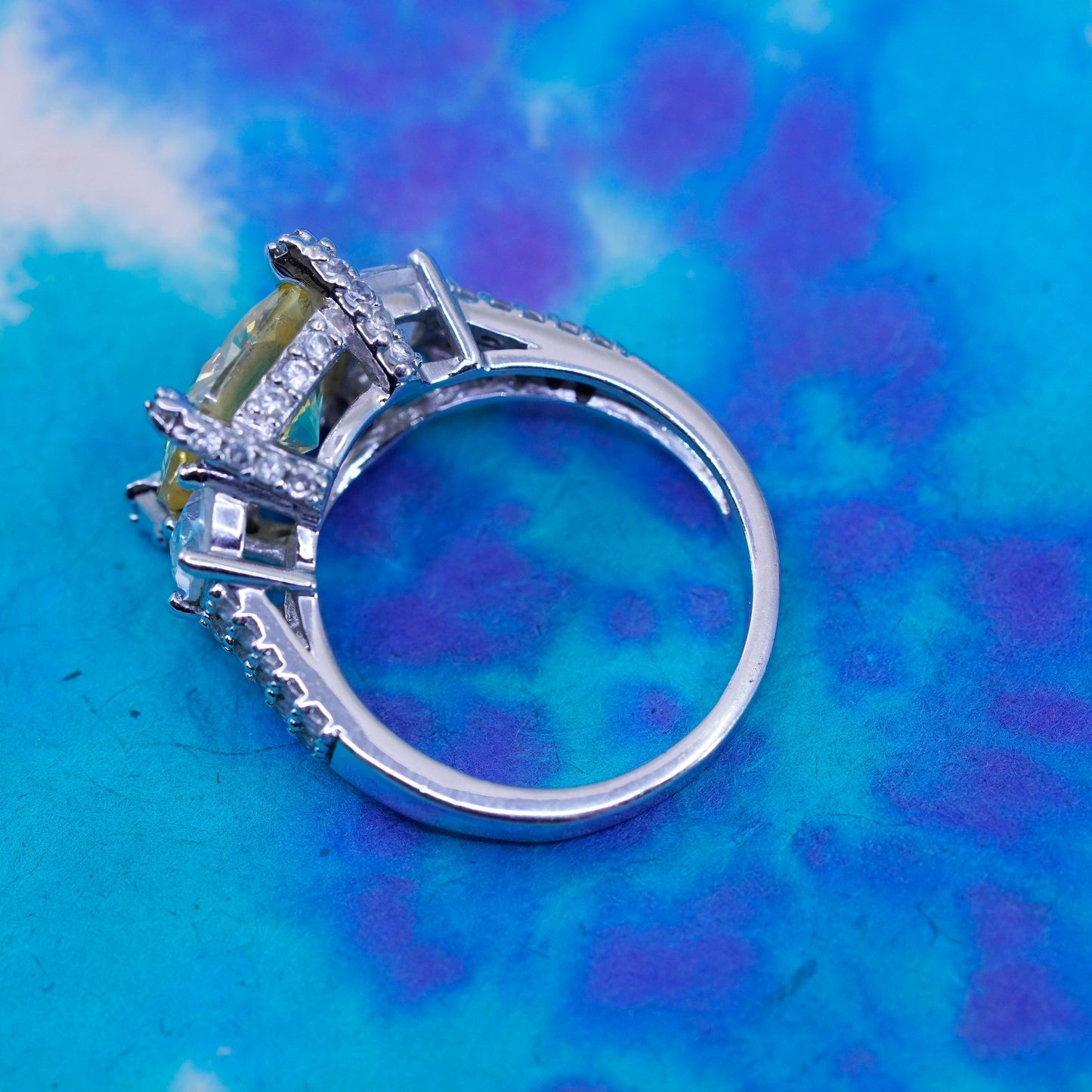 Size 8, vintage Platinum over Sterling 925 silver ring with citrine cluster cz