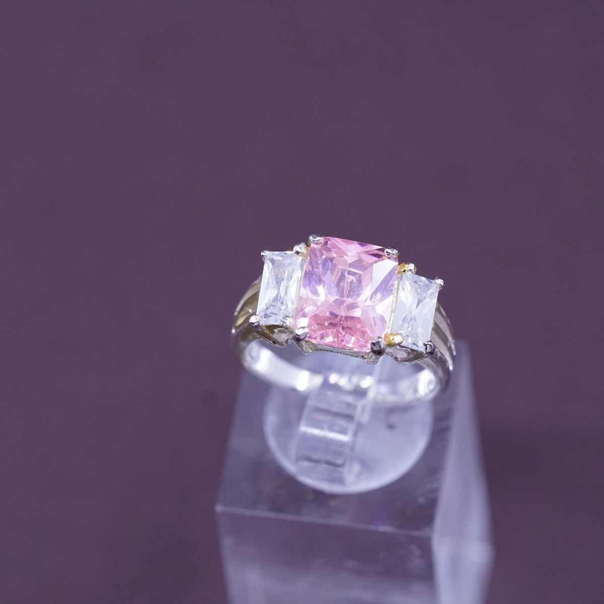 Size 7, vintage Sterling 925 silver ring with pink crystal and clear cz