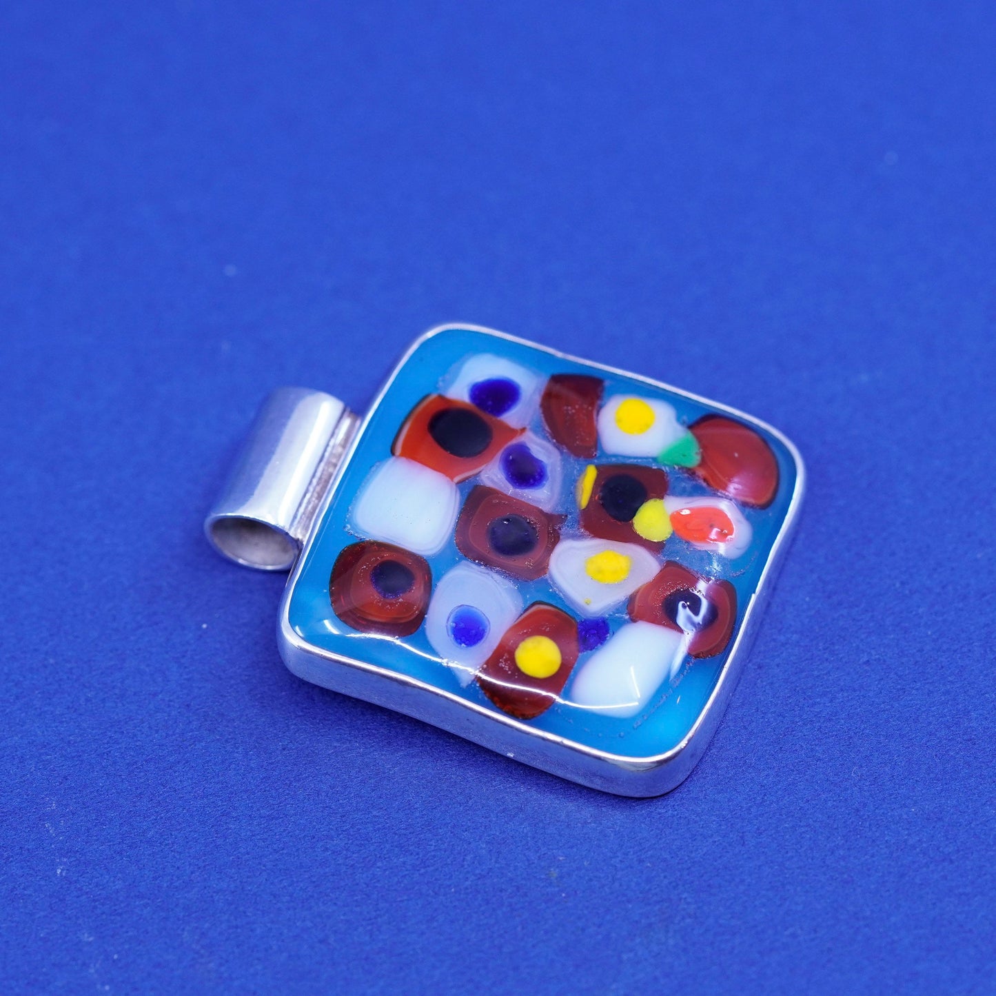 Vintage sterling 925 silver handmade pendant with square blue dichroic glass