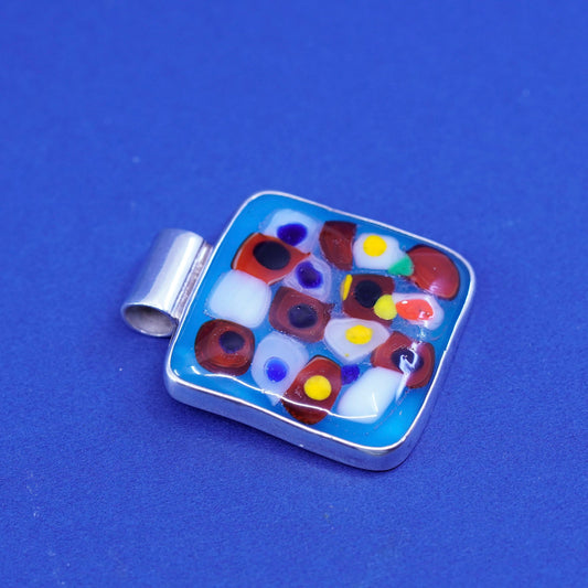 Vintage sterling 925 silver handmade pendant with square blue dichroic glass