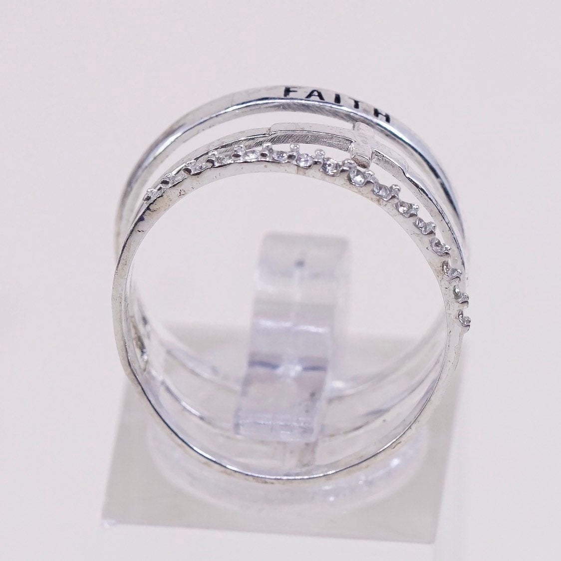 sz 7.5, vtg Sterling silver statement ring, band, 925 cross w/ faith n CZ