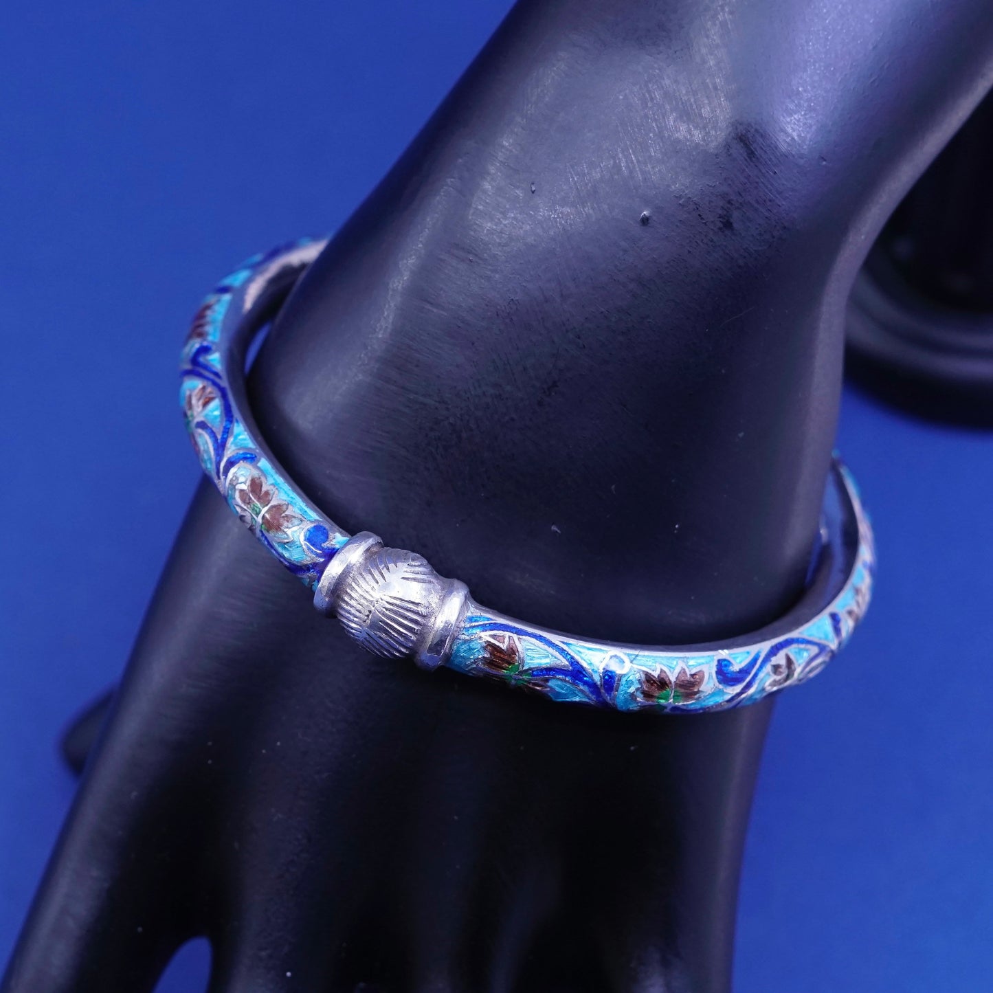7.25”, Chinese Sterling silver handmade bracelet, 925 bangle blue floral enamel