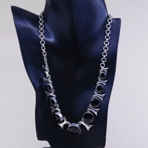 18", Vtg Mexico Modern Handmade sterling 925 silver necklace W/ Checker Obsidian
