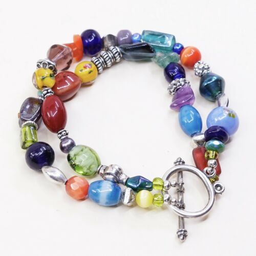 7”, Vtg Sterling Silver Handmade Bracelet, 925 Beads W/ Colorful Glass Beads