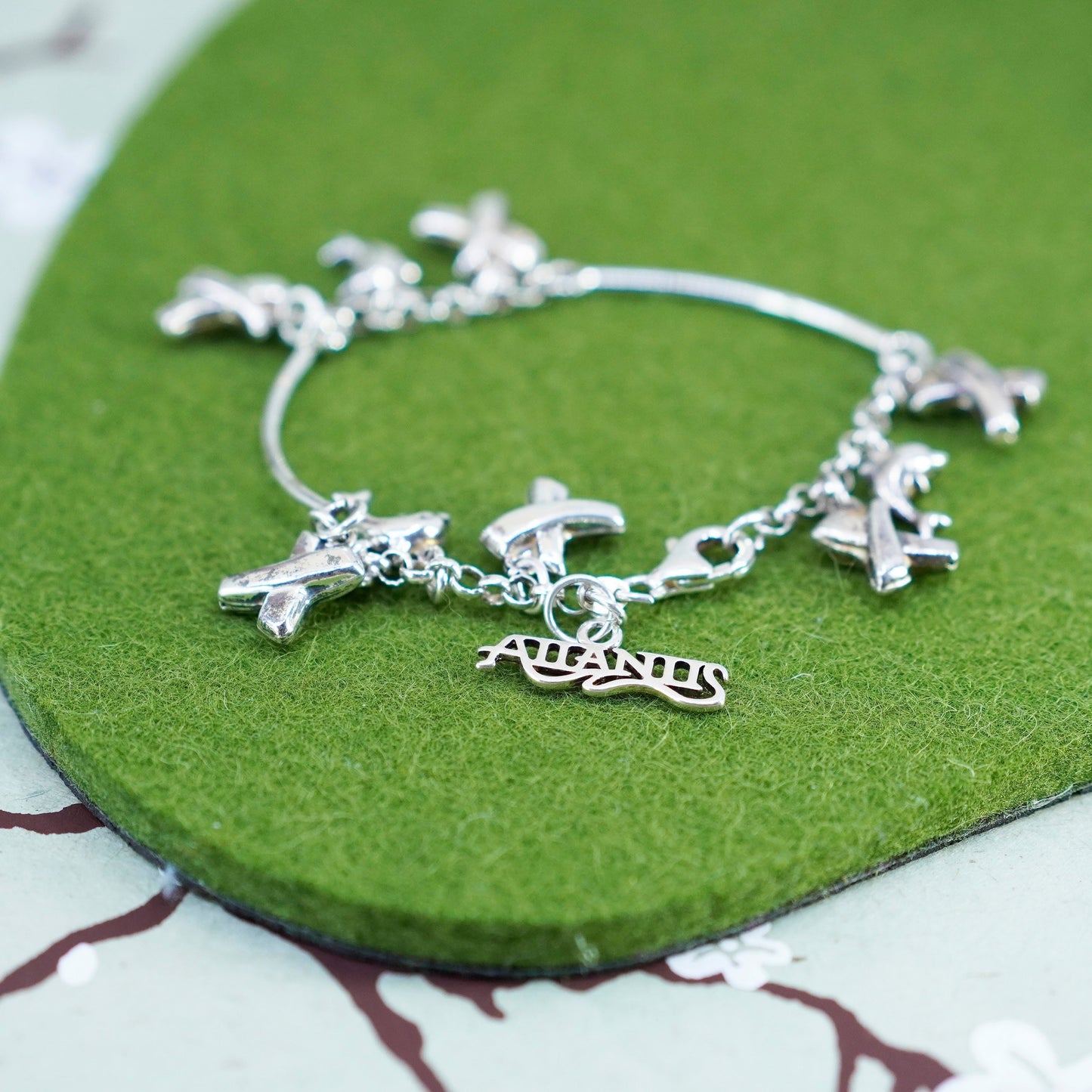 6.75”, vtg sterling silver bar chain, 925 bracelet with cross dolphin charms