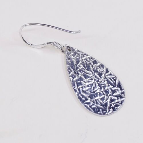 vtg Modernist Hammered Sterling Silver Teardrop Dangles Earrings, Stamped 925