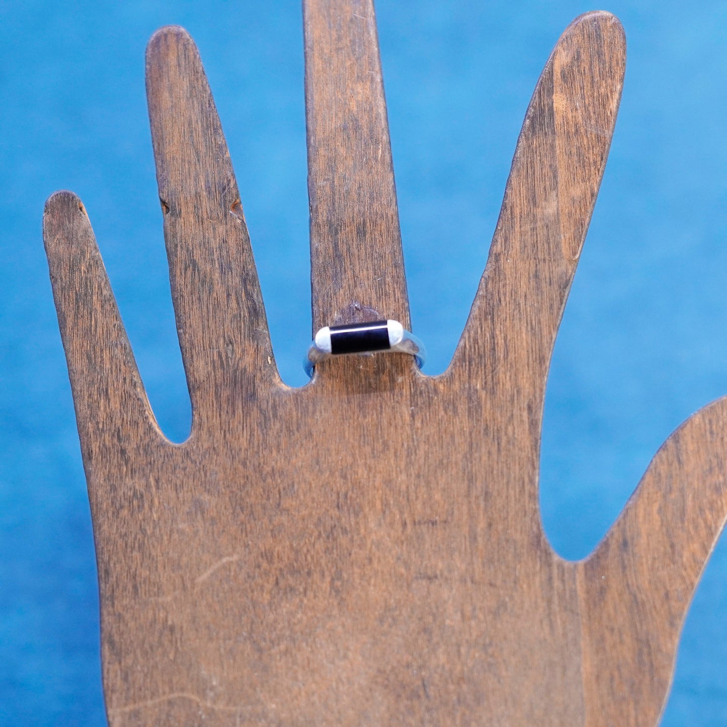 Size 8, vintage Sterling silver handmade ring, 925 stackable band with obsidian