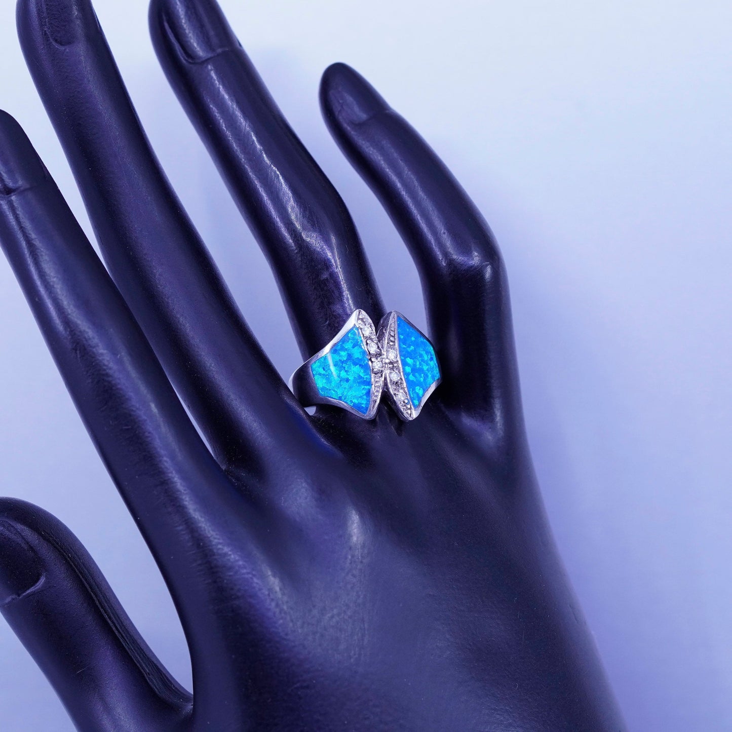 Size 9, vintage Sterling 925 silver handmade ring with opal and cz
