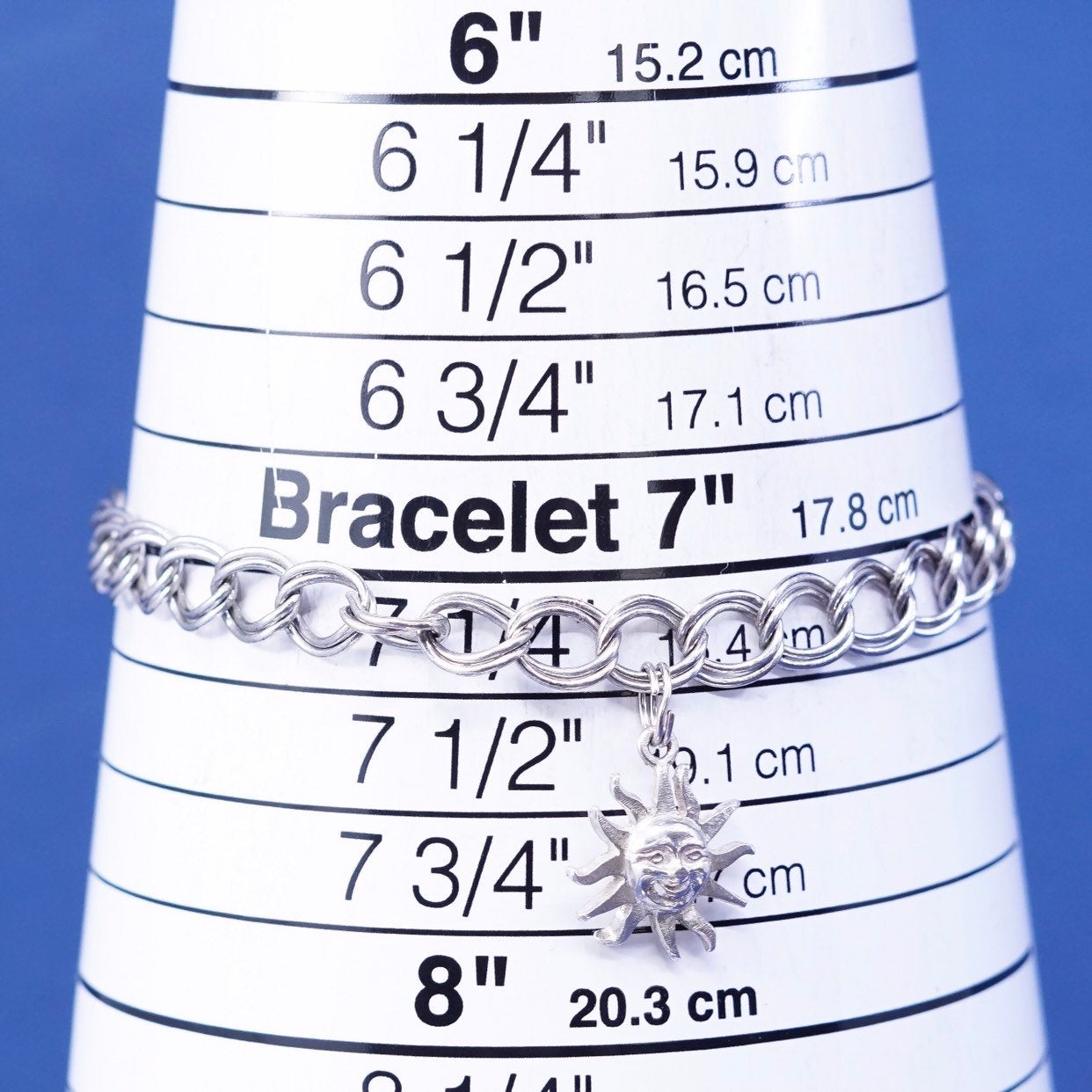 7.25" 6mm, Sterling silver handmade charm bracelet 925 double curb chain w/ sun