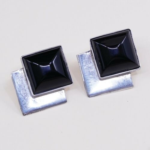 Vtg GFMW Modern Sterling Silver Handmade Earrings, 925 Square Studs W/ Obsidian