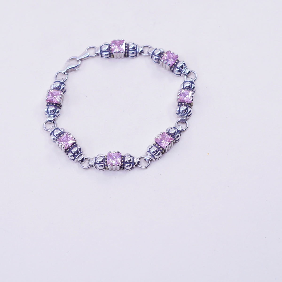 7”, Vintage Sterling 925 silver ribbed bracelet with pink crystals