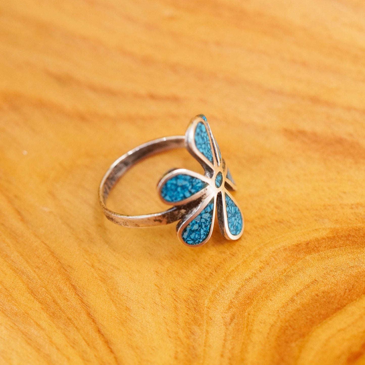 Size 5.75, vintage Sterling silver ring, mexico 925 flower band with turquoise