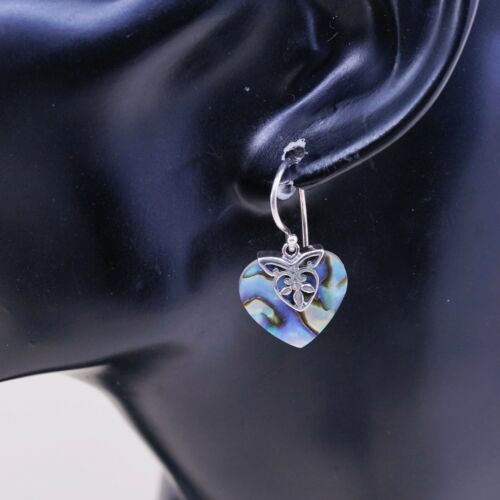 Vtg ATI Indonesia Sterling Silver Handmade Earrings, 925 Heart abalone