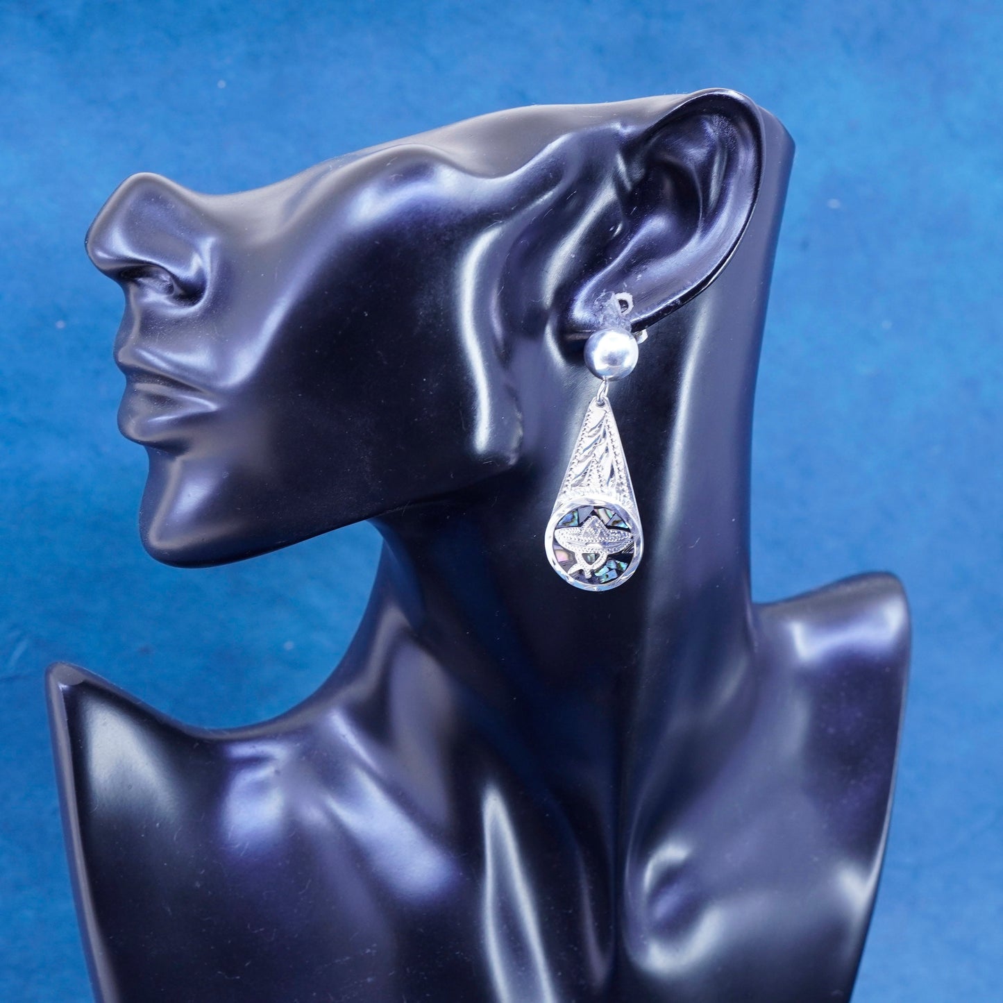 Mexico Sterling 925 silver handmade teardrop earrings abalone Sombrero hat