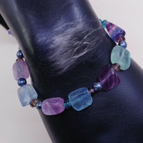 7.25”, Vtg Mexico Sterling 925 Silver Handmade Fluorite Nugget Bead Bracelet