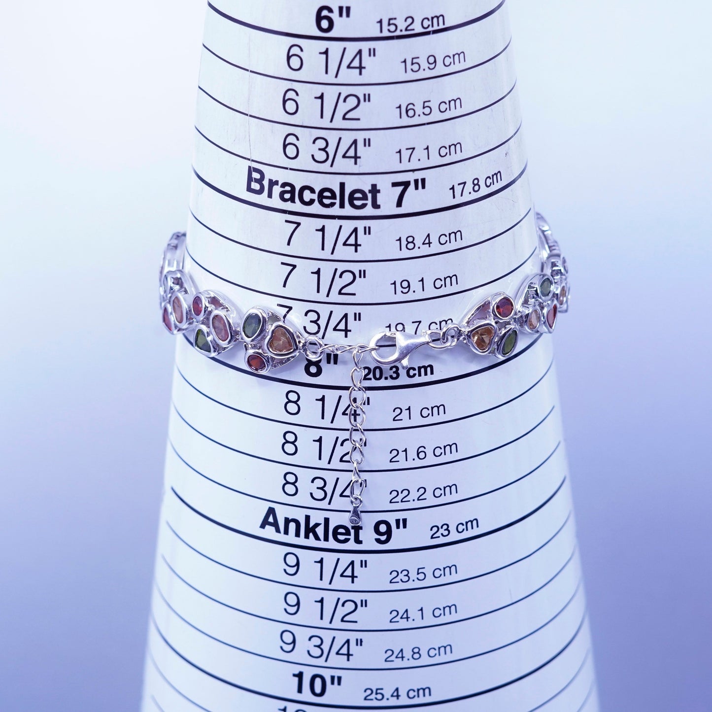 7.5+1”, Sterling 925 silver handmade bracelet chain peridot ruby amethyst cz