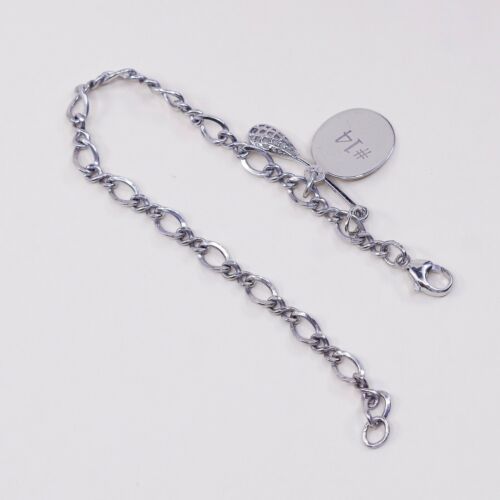 7”, 5mm, vtg Sterling Silver Bracelet, Italy 925 Figaro Chain W/ Tennis Racket