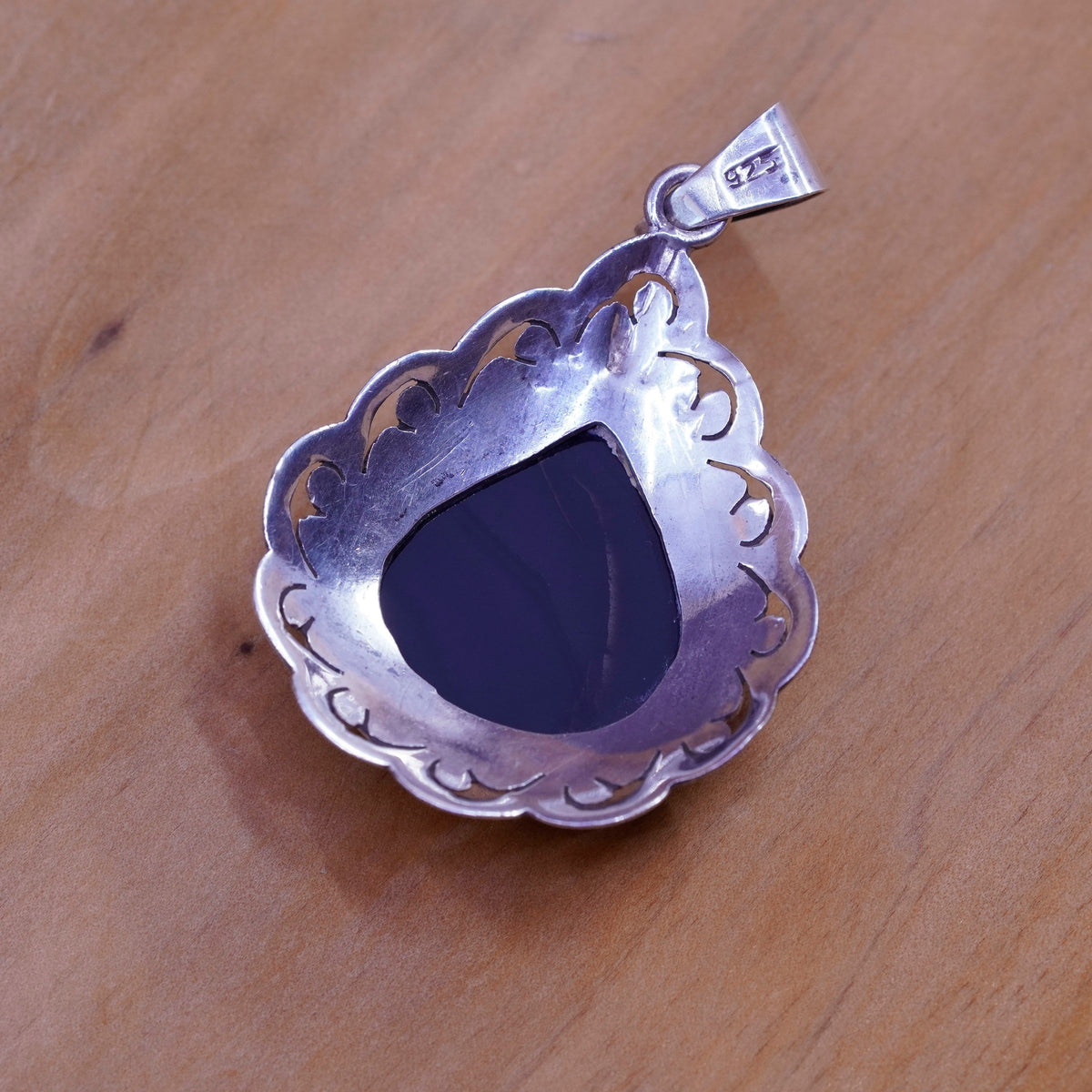Vintage Sterling 925 silver handmade teardrop pendant with obsidian