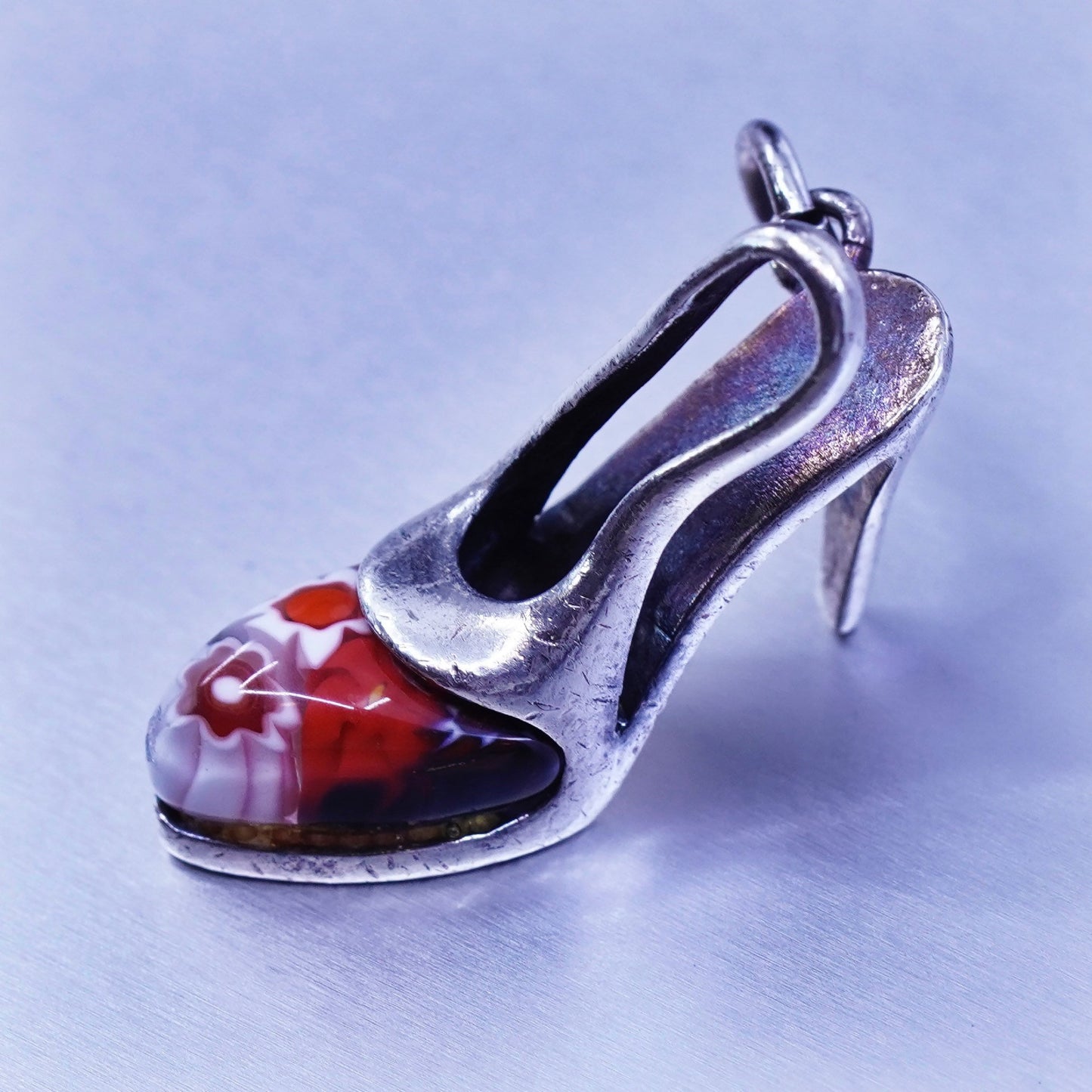 Italian Alan K sterling 925 silver pendant high heel, multiciori murano glass