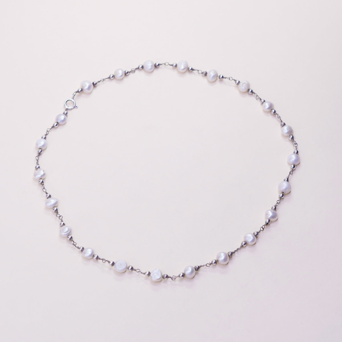 18”, Vintage handmade Sterling 925 silver necklace with pearl beads details