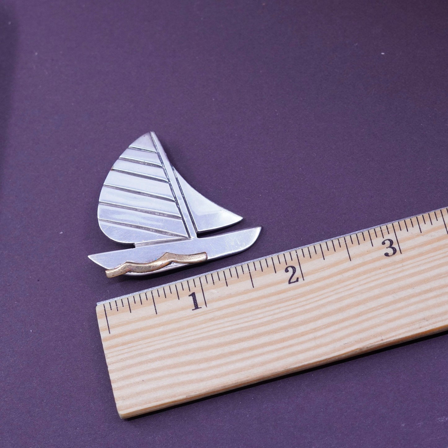 Vintage two tone sterling silver handmade pin, 925 soufeel sailing boat brooch