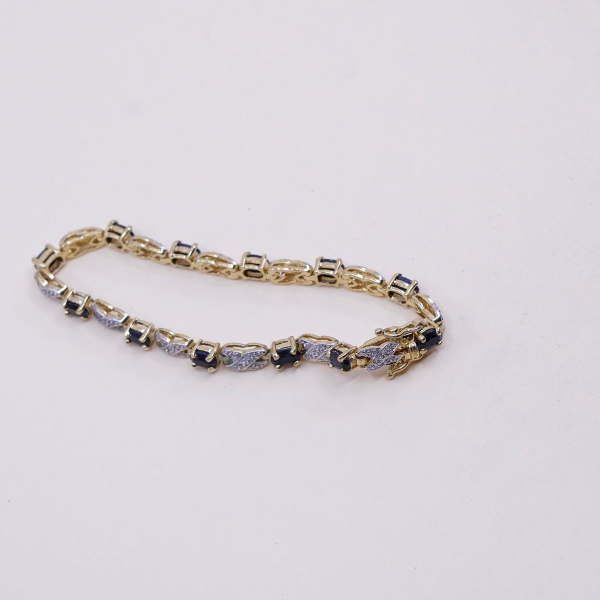 7”, Vermeil gold over sterling 925 silver tennis bracelet w/ sapphire N diamond