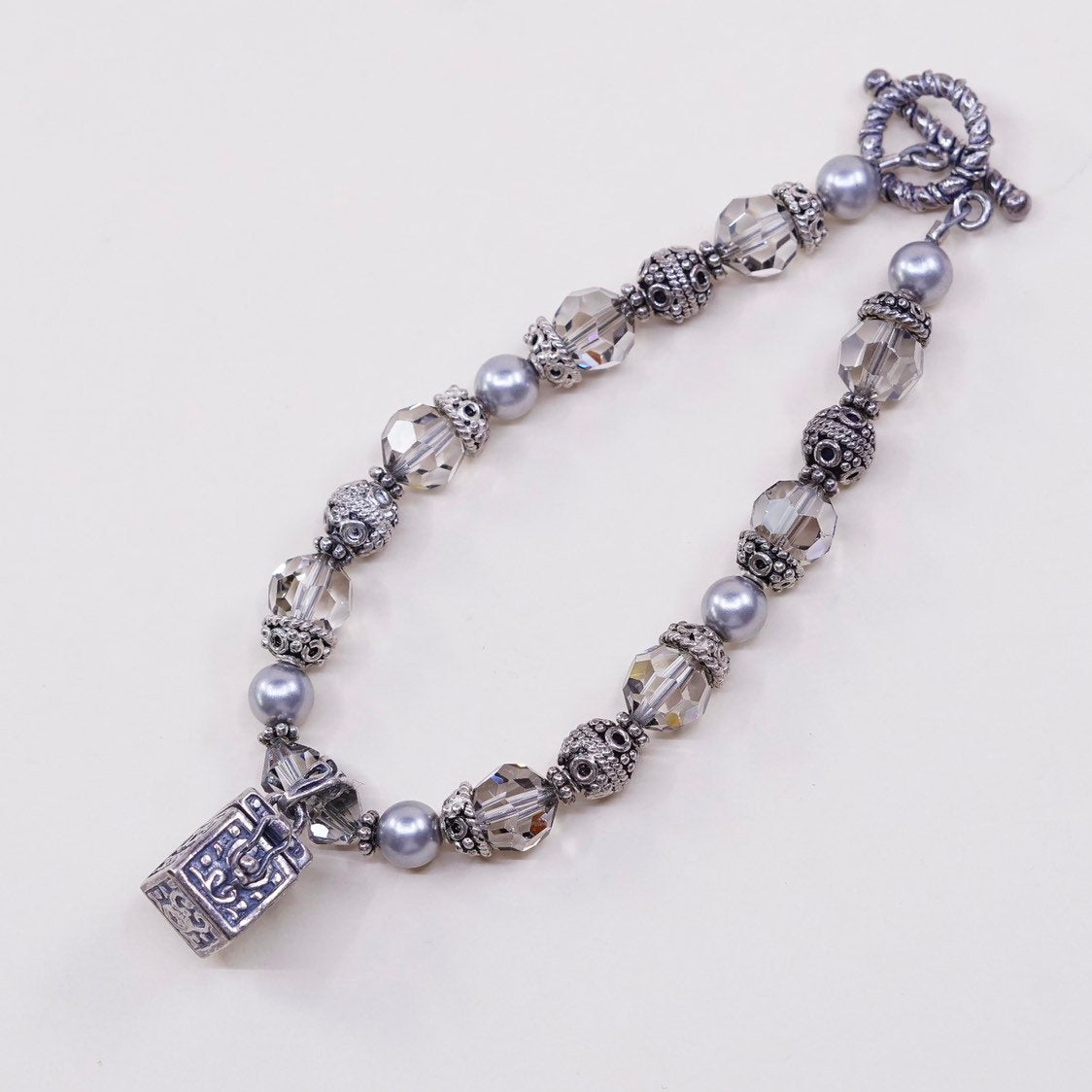 7", Sterling silver handmade bracelet 925 beads w crystal pearl N prayer locket
