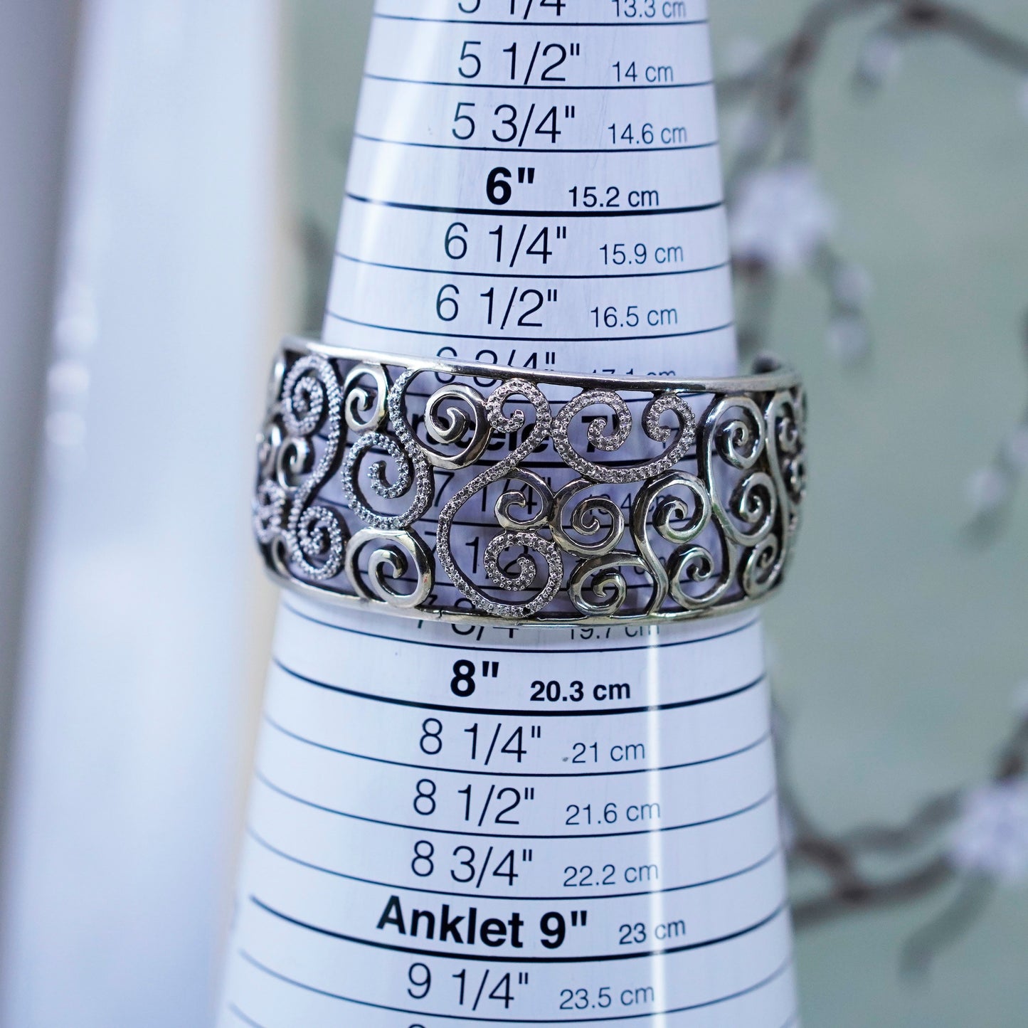 6.75”, southwestern Sterling silver bracelet handmade filigree 925 cuff diamond
